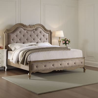 Button Tufted Fabric Eastern King Size Bed with Molded Details, Beige