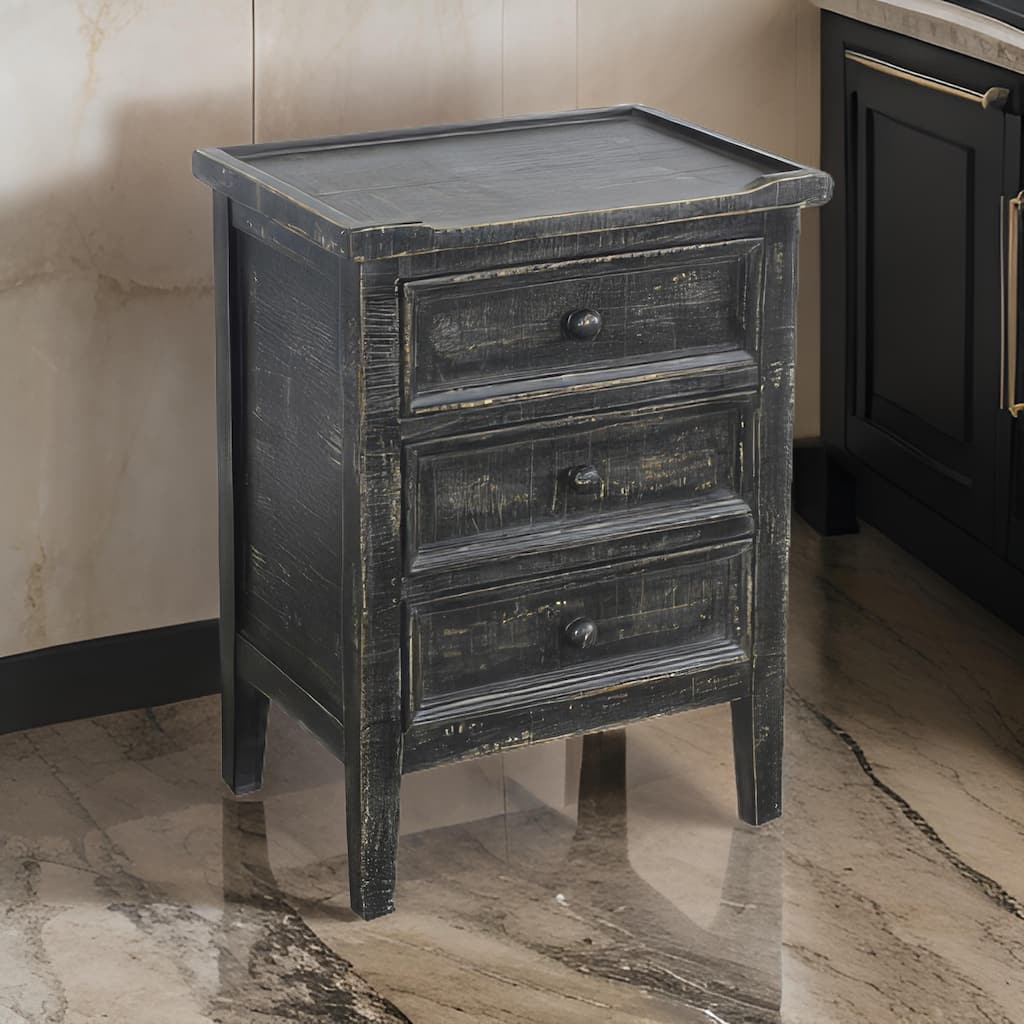 Rena End Table with 3 Drawers, 19 Inch Distressed Black Mahogany Wood