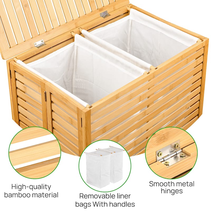 Natural Bamboo Dual-Section Laundry Hamper Foldable with Removable Liner & Ventilated Lid - 21.69""L x 13.85""W x 25.39""H