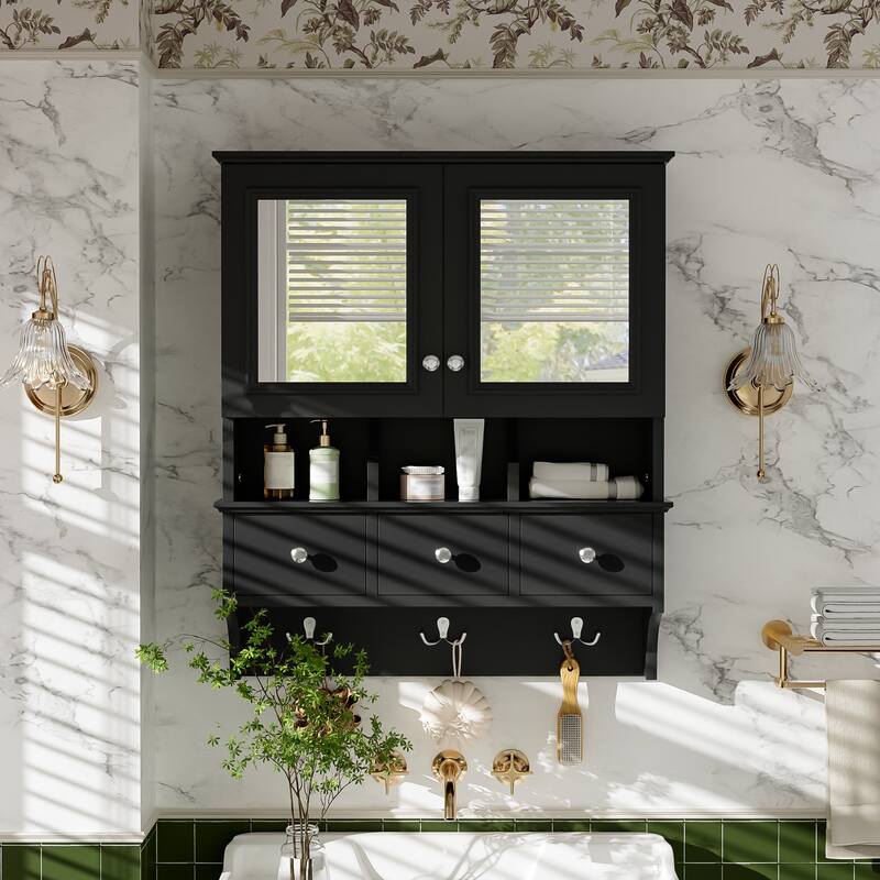 24" Wall Mounted 4-in-1 Bathroom Mirror Cabinet with Drawers & Hooks, High-Definition Medicine Cabinet with Storage for Vanity