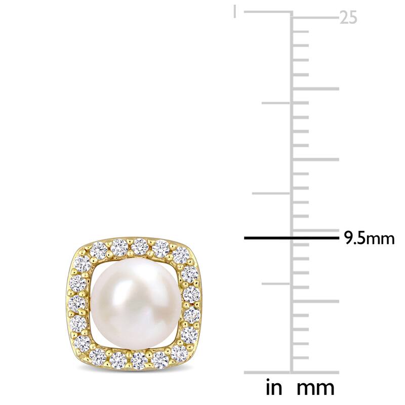 Miadora 6-6.5 mm Cultured Freshwater Pearl and 3/8 CT TGW Created White Sapphire Halo Earrings in 10k Yellow Gold