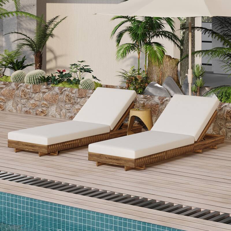Patio Outdoor Acacia Wood Sun Tanning Chaise Lounger with Cushions Breathable Recliners Garden Poolside Adjustable Lounge Chairs