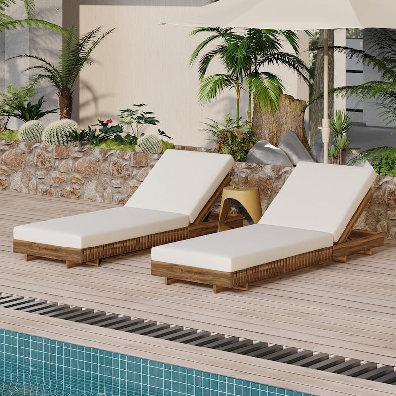 Roomfitters Acacia Wood Lounge Chaise Set with Triple-Fold Cushion and Side Tray, Outdoor Furniture