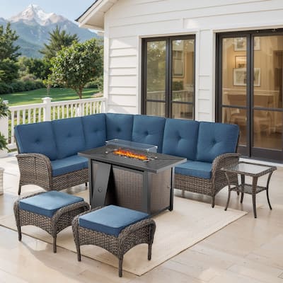Outdoor Sectional Sofa Ottomans with Fire Pit Table -Blue - Brown
