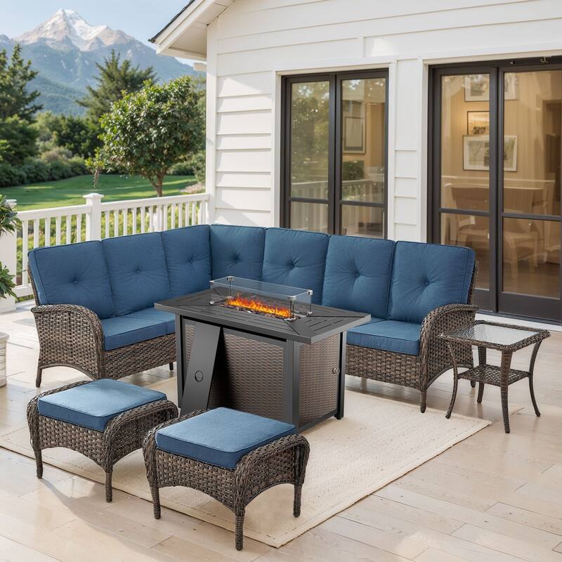 Outdoor Sectional Sofa Ottomans with Fire Pit Table - Blue - Brown