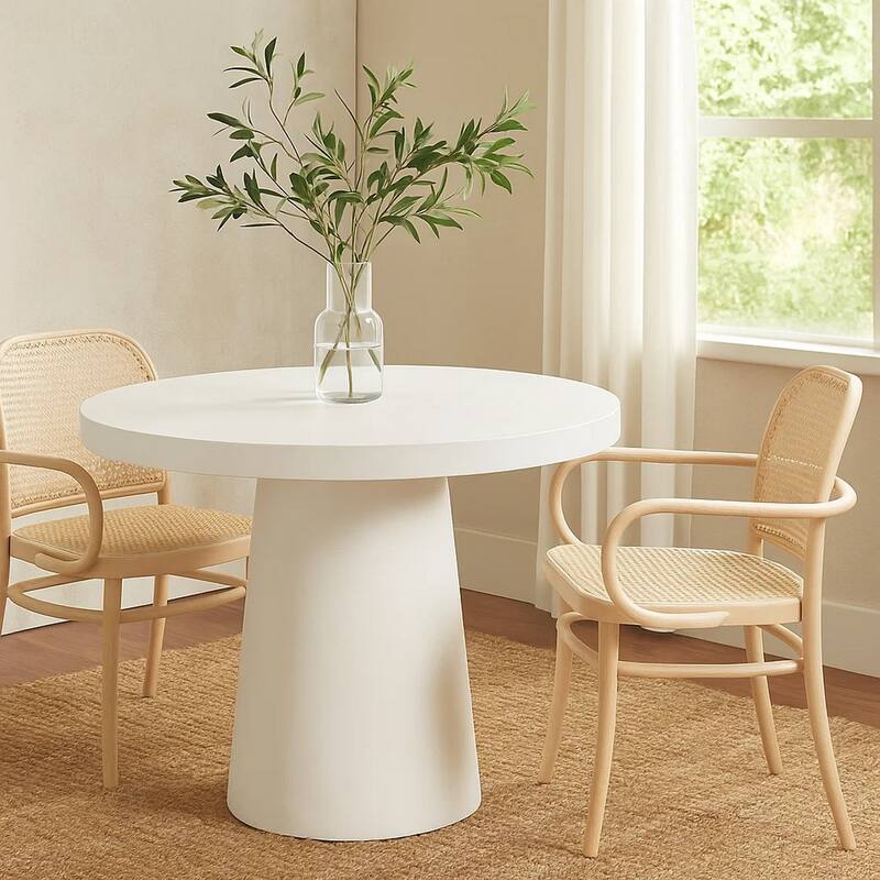 Cid Deso Dining Table, White Concrete Tapered Base, Round 43 Inch Top