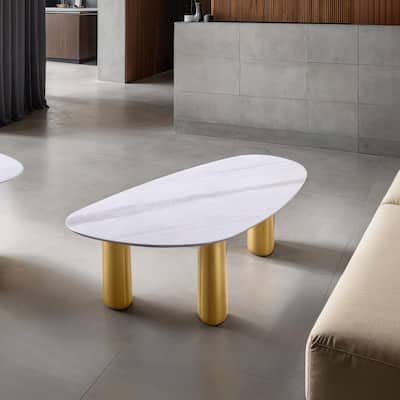 Furniture of America Luvien Modern White Sintered Stone Top Coffee Table with Gold Legs