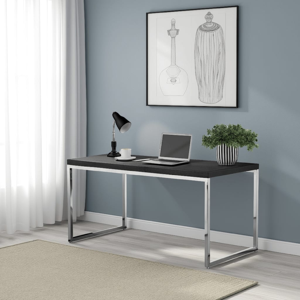 Rami 59 Inch Office Desk, Rectangular Wood Top, Square Steel Chrome Legs