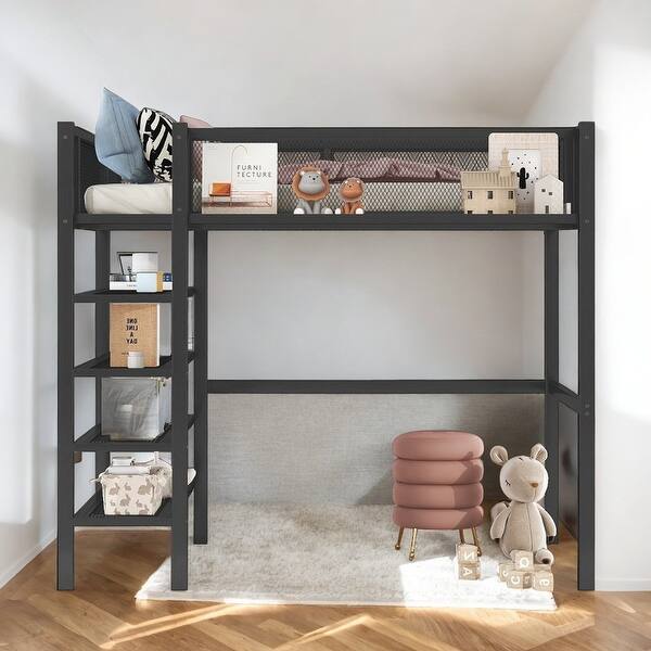 slide 2 of 13, Artsy Twin Size Metal Loft Bed with 4-Tier Shelves and Storage, Black Black