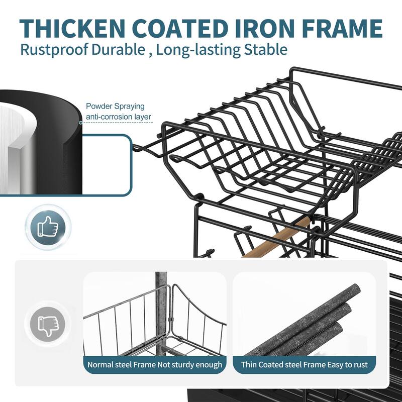 Double-Layer Dish Rack with Bamboo Handle