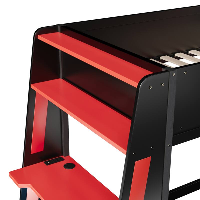GDFStudio - Twin Size Wooden Gaming Bunk Bed with Desk, Storage, LED & USB