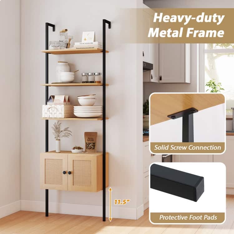Natural Engineered Wood Ladder Bookshelf with Metal Frame and Rattan Doors - 23.5" x 12.5" x 72.5"