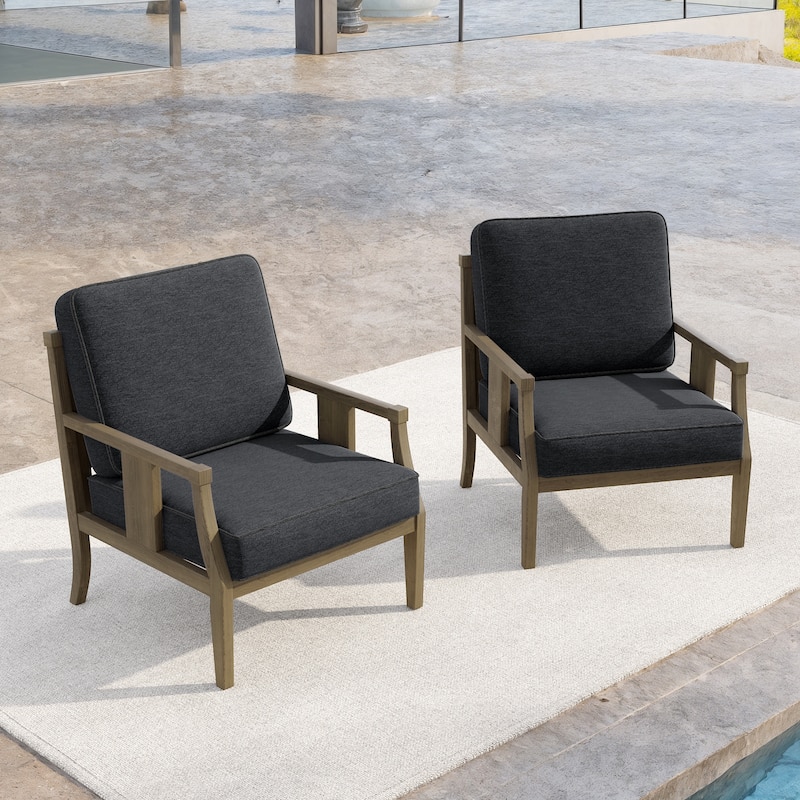 Set of 2 Outdoor Teak Wood Armchairs with Cushions, Patio Club Chairs