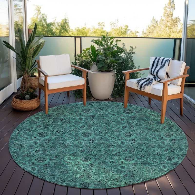 Machine Washable Indoor/ Outdoor Chantille Floral Rug - Teal - 8' x 8'