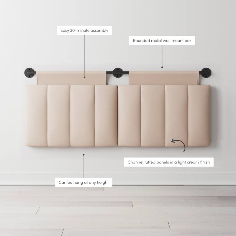 Nathan James Remi Wall Mount Tufted Headboard with Adjustable Straps and Black Metal Rail