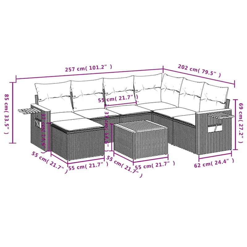 vidaXL Patio Sofa Set with Cushions Outdoor Conversation Furniture Poly Rattan - 21.7 x 21.7 x 14.6 in