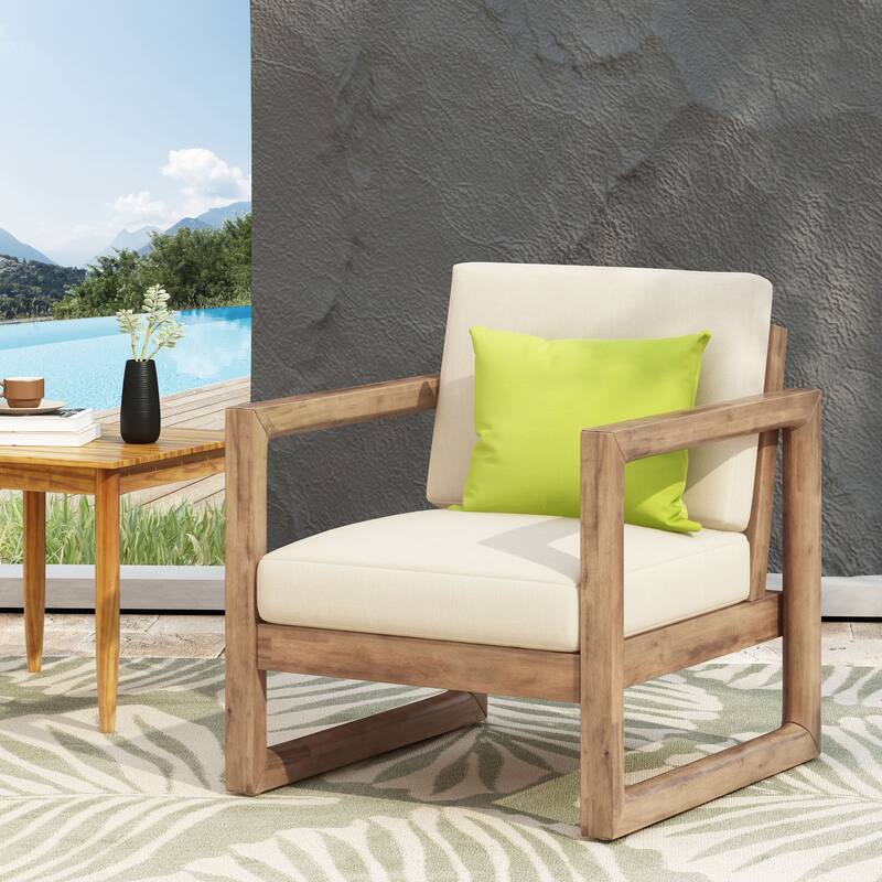 Outdoor Acacia Wood Club Chair with Cushions, Brown and Beige, 29.5'' D X 27.5'' W X 31.5'' H