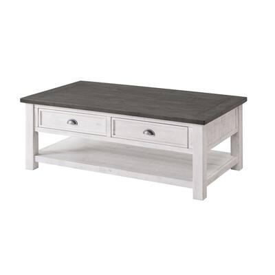 Coastal Rectangular Wooden Coffee Table with 2 Drawers, White and Gray