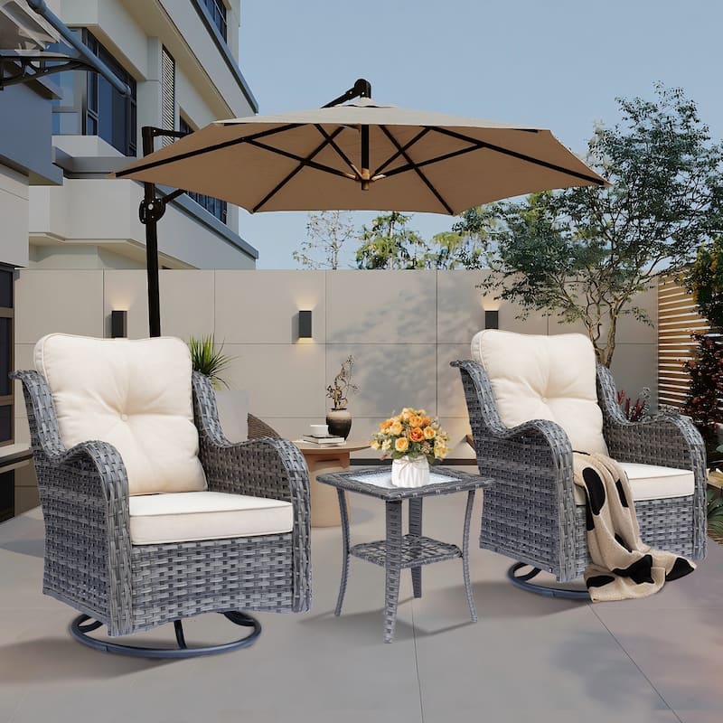 Outdoor Patio Wicker Furniture Swivel Rocker Chairs Set with Cushions - 3 Piece - Beige