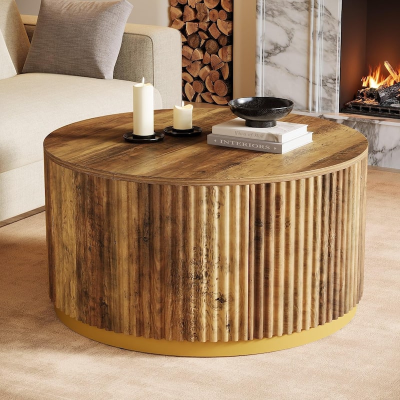 Round Coffee Table, Fluted Wooden Center Table, Mid Century Modern Table for Living Room or Office - Brown