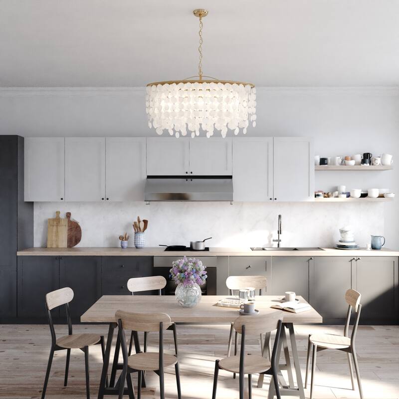 Elsa 5L Coastal Capiz Shell Linear Chandelier Island Pendant Light Fixture - 35.75-in W x 21-in H x 15-in D