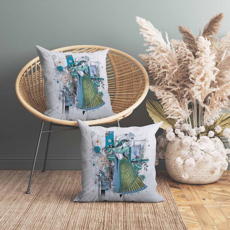 Gracefully Dancing Woman Indoor/Outdoor Reversible Throw Pillow Green and Blue