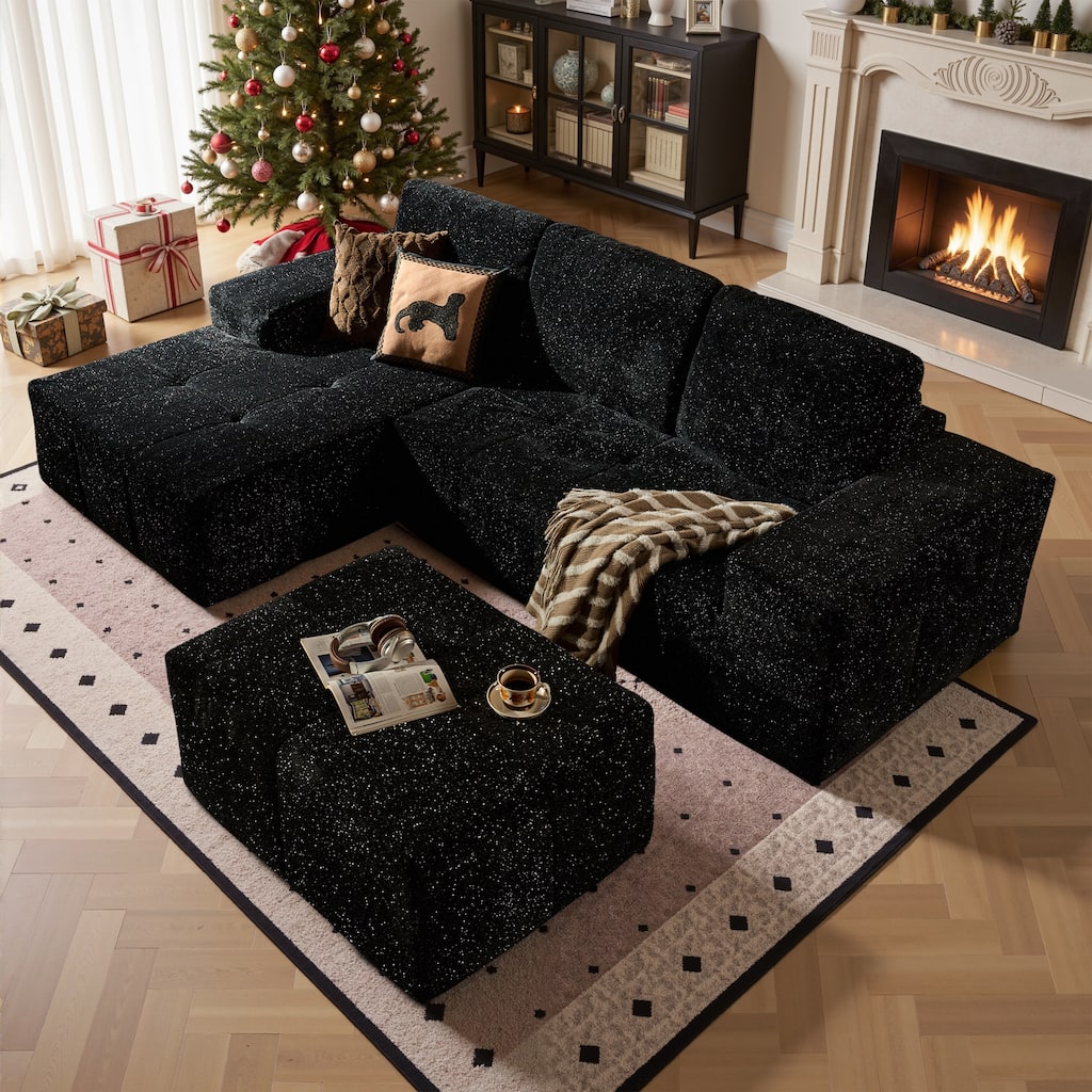 HOOOWOOO Modern Sparkly Velvet Fabric Chaise Sofa Couch with Ottoman