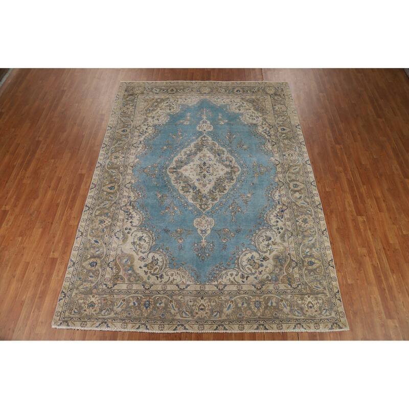 Blue Traditional Tabriz Persian Vintage Rug Hand-Knotted Wool Carpet - 7'10" x 10'10"