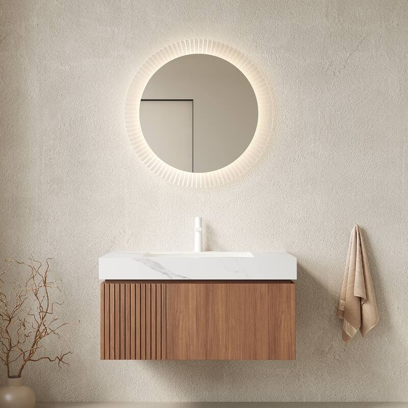 Floating Bathroom Vanity with Sintered Stone Top and Undermount Ceramic Basin - 35.83'' x 18.9'' x 17.72'' -  Brown Oak and Carrara White