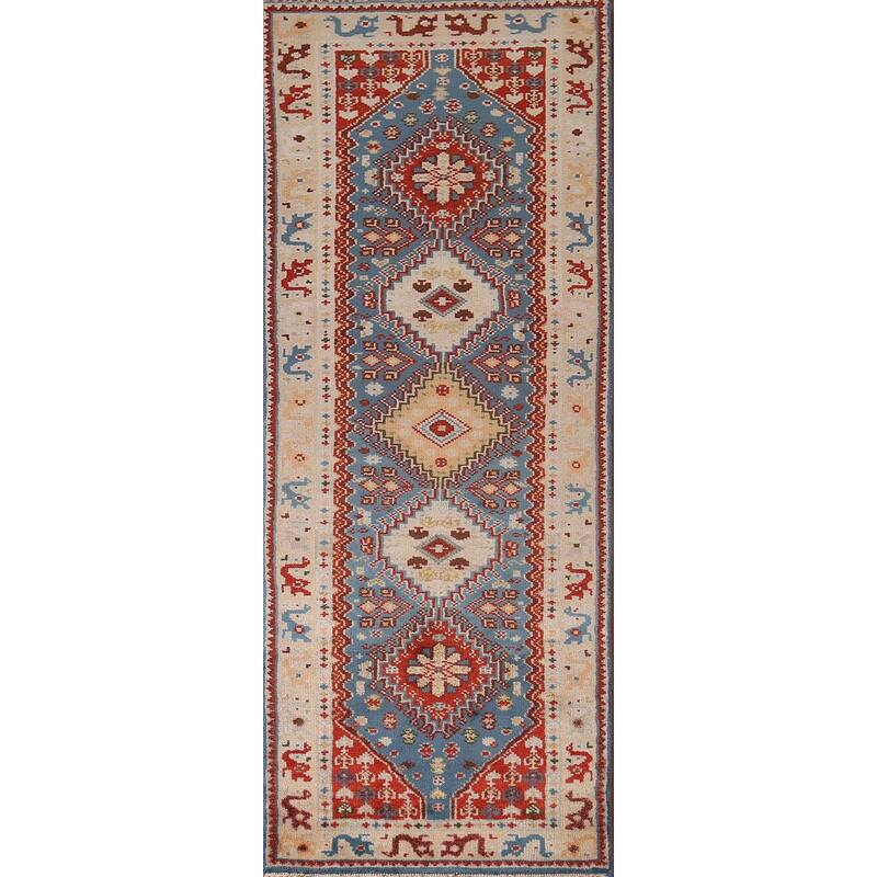 Blue Geometric Kazak Indian Foyer Rug Handmade Wool Carpet - 2'6"x 6'0"