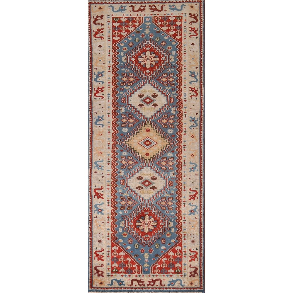 Blue Geometric Kazak Indian Foyer Rug Handmade Wool Carpet - 2'6"x 6'0"