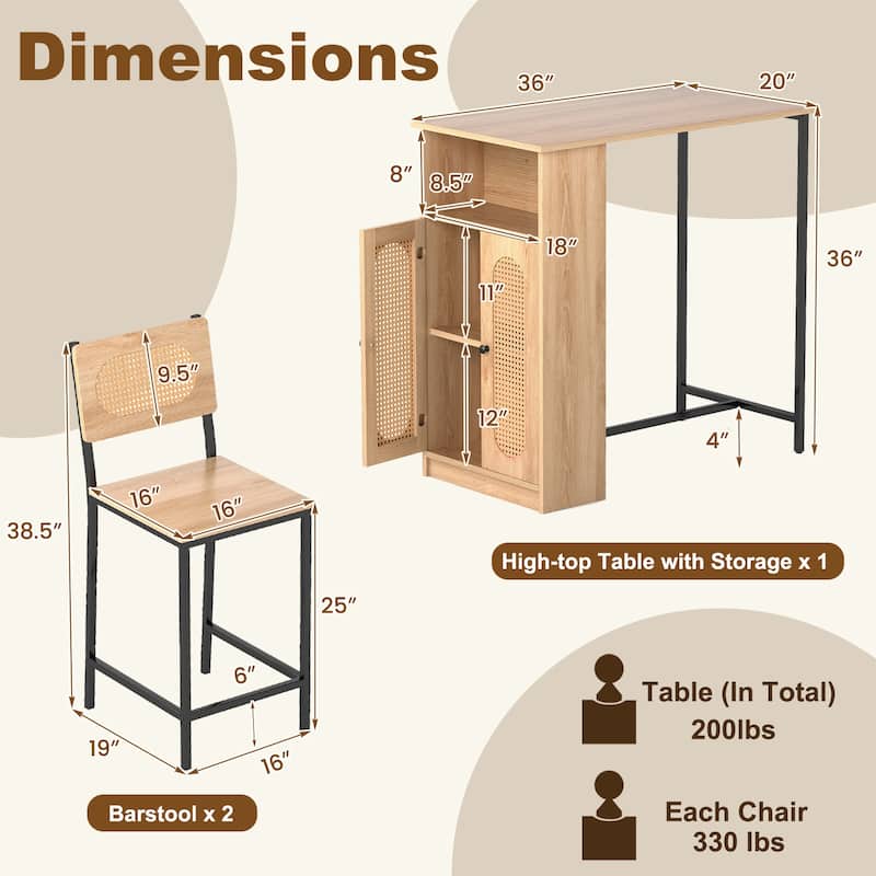 3-Piece Counter Height Kitchen Table and Stools Set with Open Compartment and Adjustable Shelf - 36" × 20" × 36"