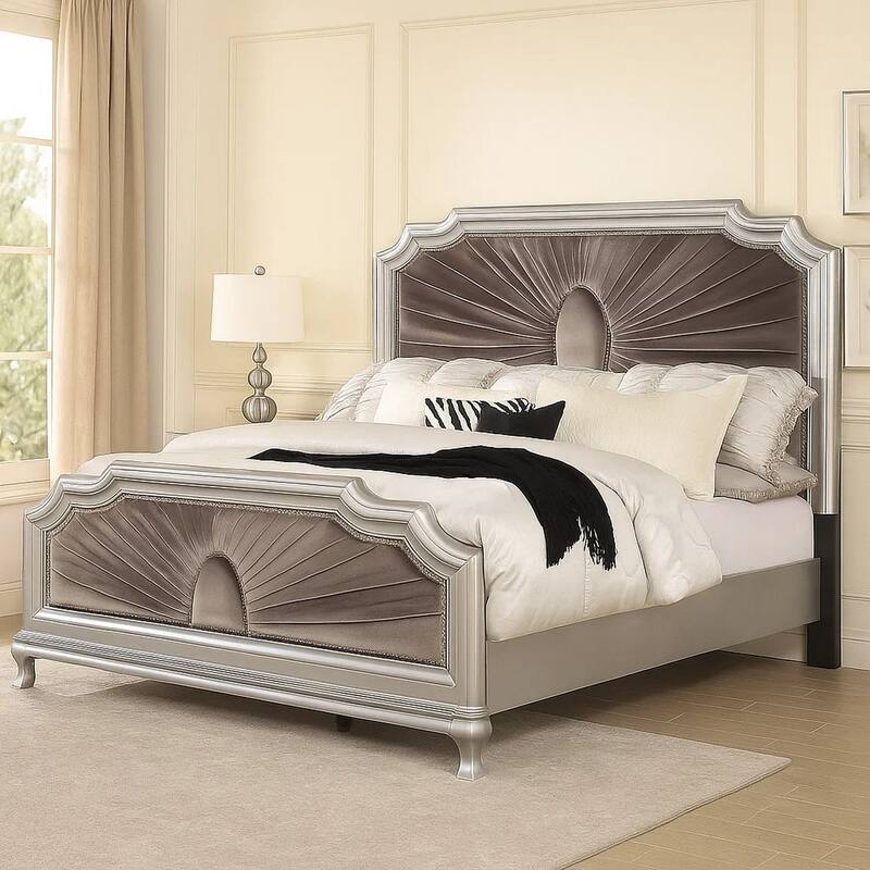 Xan Cal. King Bed, Silver Wood, Gray Pleated Velvet Upholstery