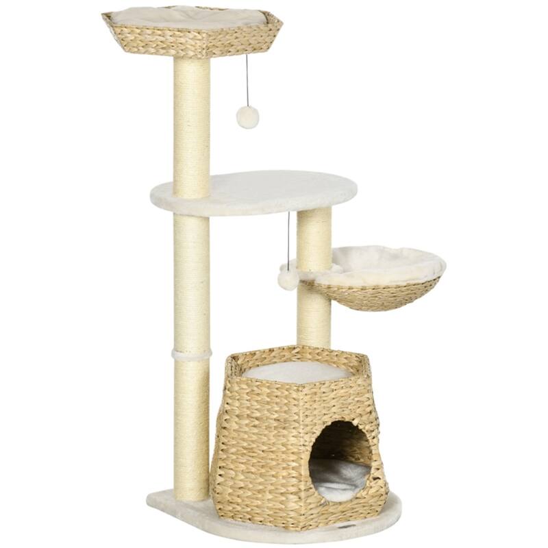 Multi-Level Cat Tree with Soft Cushions, Sisal Posts & Hanging Balls for Cats Under 10 lbs - 19.75" L x 19.75" W x 46.75" H