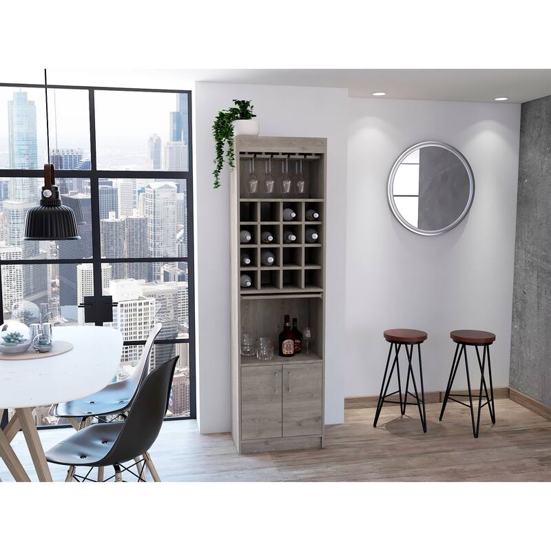 TUHOME Kava Bar Cabinet with 16 Wine Cubbies, 12 Glass Racks, 1 Shelf, Concealable Serving Tray, and Double Door - N/A