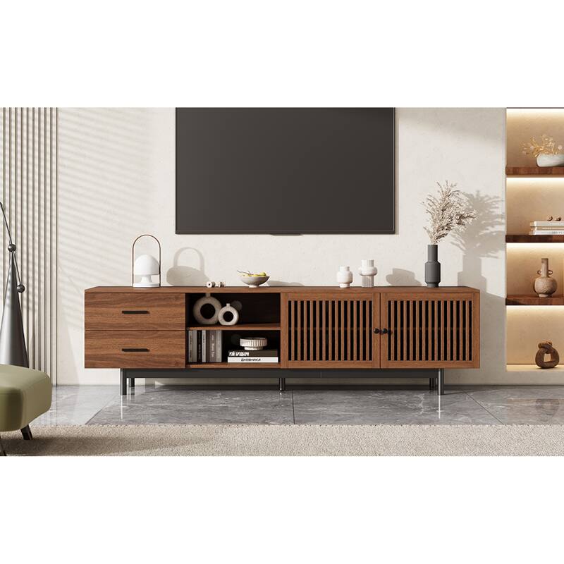 Roomfitters 78 Inch Modern TV Stand for TVs up to 85 Inch, Media Console with Deep Drawers & Solid Wood Legs, Walnut