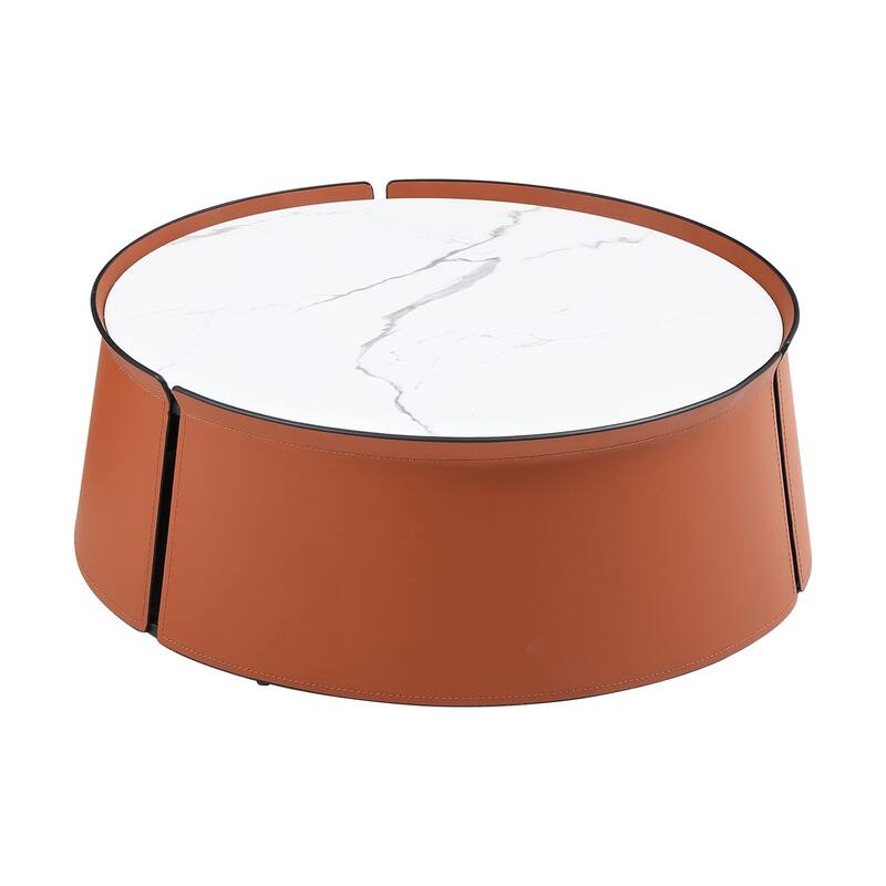 Coffee Table, Marble Top+Orange Saddle Leather Body+Iron Frame