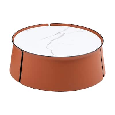 Coffee Table, Marble Top+Orange Saddle Leather Body+Iron Frame