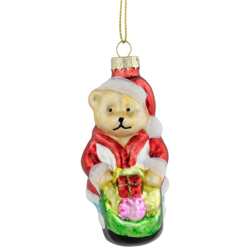 Santa Bear with Gift Bag Glass Christmas Ornament - 3.25" - Red