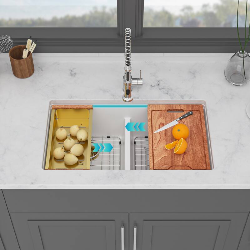 Undermount Double Bowl Quartz Kitchen Sink in White - 33'' x 19'' x 9.65'' - White and Gold