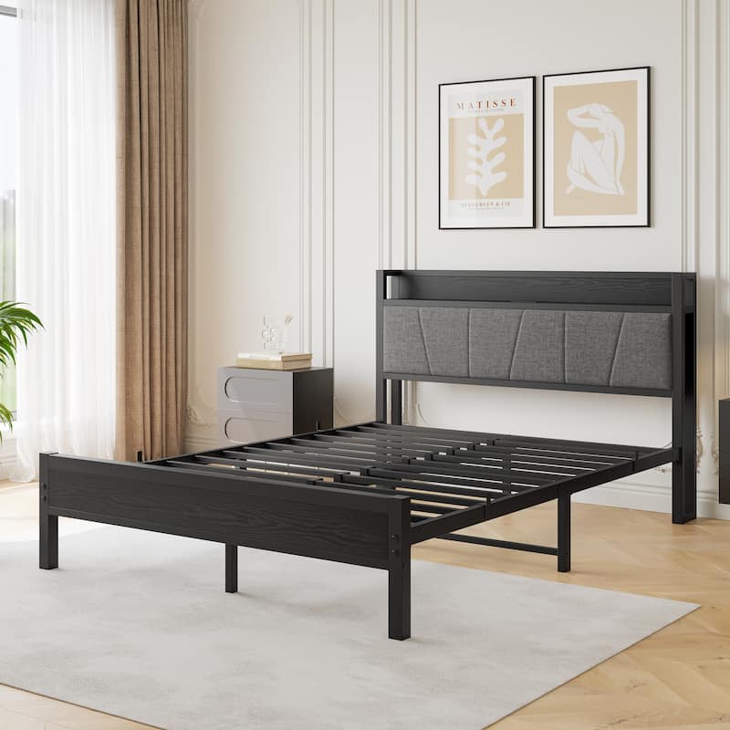 Queen Storage Bed Frame with Charging Station, Upholstered Headboard, No Box Spring Needed, Easy Assembly