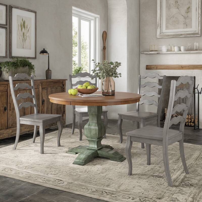 Ronda 45" Round Solid Wood Top Dining Set with French Ladder Back Chairs - Antique Sage Green Table - Antique Grey Chairs