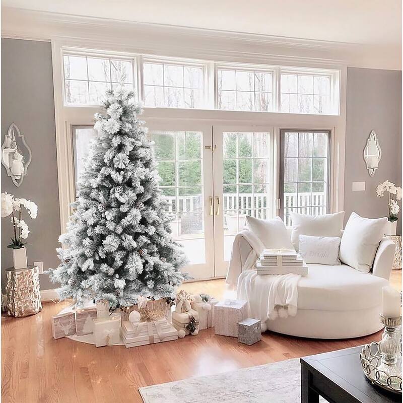 6Ft Artificial Flocked Full Pine Christmas Tree with Pine Cones - 70.87" H x 45.28" Diameter