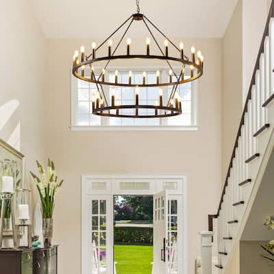 47.2'' 36-Lights Candle Dimmable Two Tiers Wagon Wheel Chandelier Ceiling Pendant Light