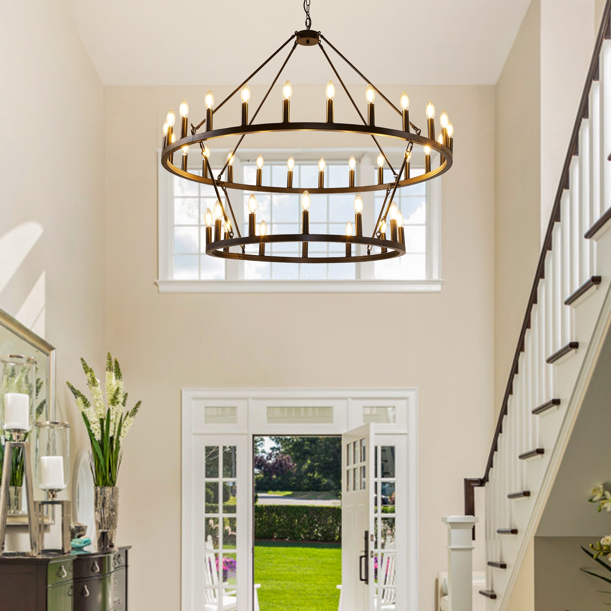 47.2'' 36-Lights Candle Dimmable Two Tiers Wagon Wheel Chandelier Ceiling Pendant Light