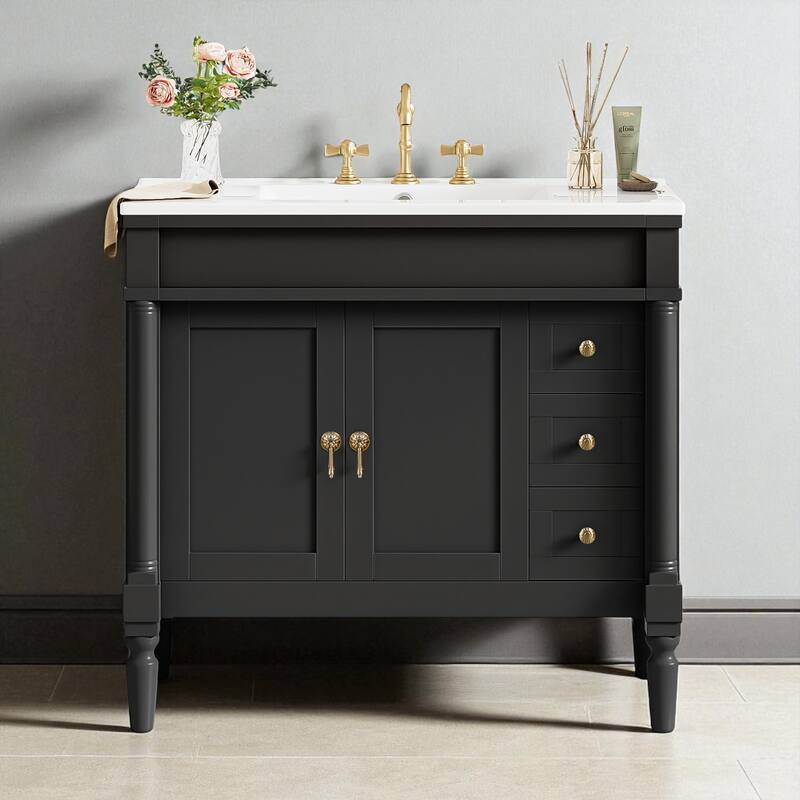 36" Bathroom Vanity with Ceramic Sink, Soft-Close Doors & Drawers, Adjustable Shelves, Modern Storage Cabinet - Black