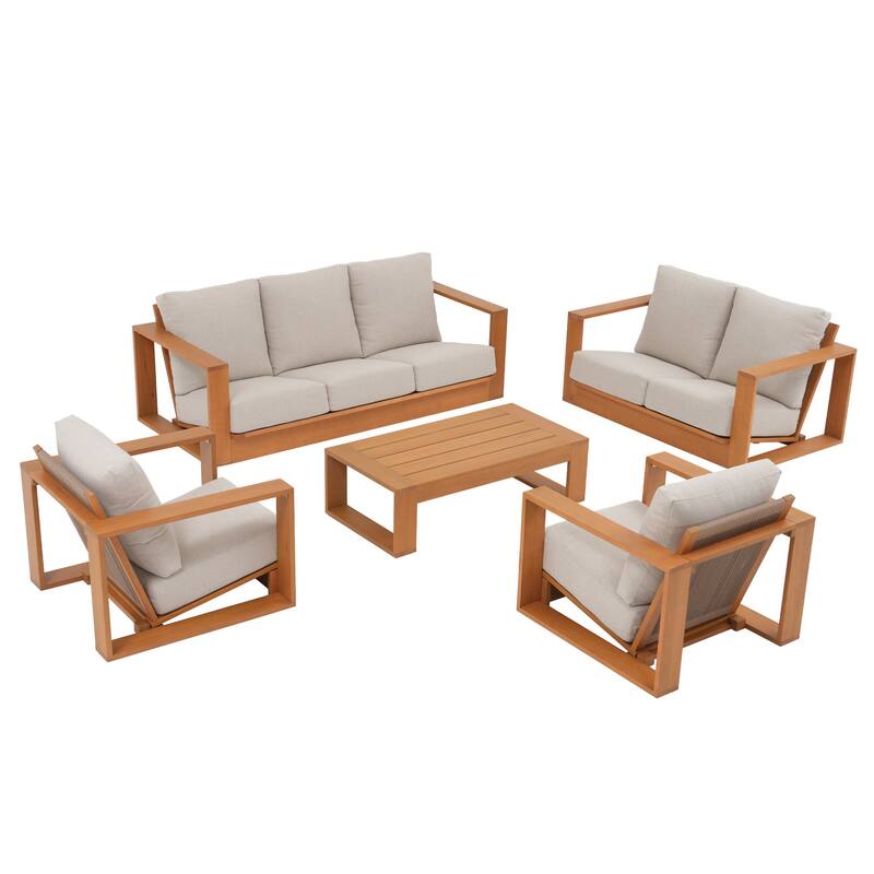 Outdoor Conversation Set 5-Piece Eucalyptus Wood 3-Seater Sofa Weather‑resistant Rope Weave Loveseat with Coffee Table