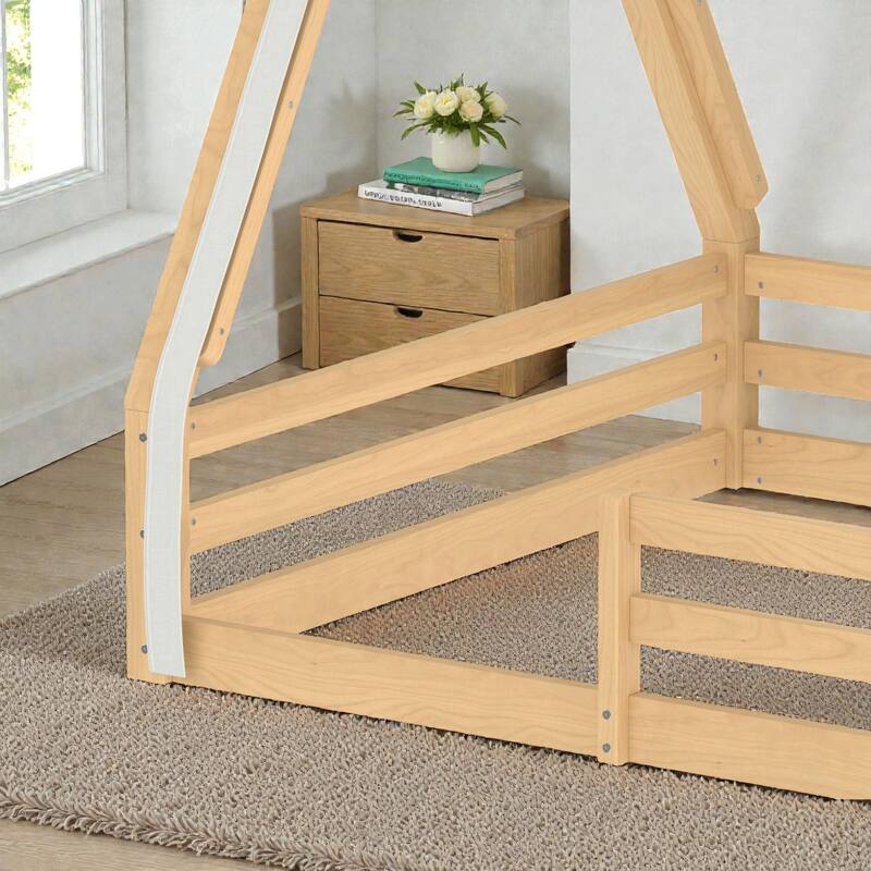 Montessori House Floor Bed with Tent and Lights, Solid Wood Teepee Bed with Guardrails, Twin/Full Kids Bed Frame
