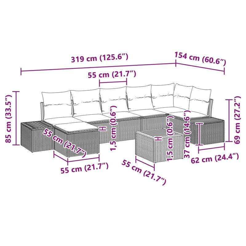 vidaXL 8 Garden Sofa Set with Cushions Black/Grey Poly Rattan - 125.6 x 60.6 x 27.2