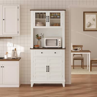 Kitchen Pantry, 72" Farmhouse Coffee Bar Table with Storage Drawers & Glass Doors